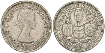 Южная Родезия 1 крона 1953 100 лет со дня рождения Сесиля Родса, Елизавета II (1952-2022) KM 27 серебро 00-00
