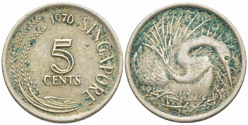 Сингапур 5 центов 1970 большая белая цапля KM 2 медно-никель 73-149