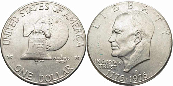 США 1 доллар 1976 D, 200 лет независимости, Президент Эйзенхауэр, колокол, тип II KM 206 медь плакированная медно-никелем 4386-125