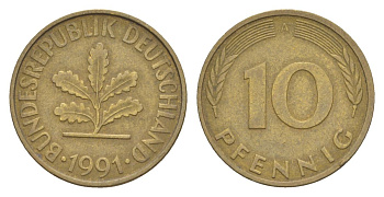 Германия 10 пфеннигов 1991 A KM 108, J. 383 сталь плакированная латунью 4627-128