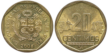 Перу 20 сентимо 2008 KM 306.4 латунь aUNC 4605-513