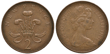 Великобритания 2 пенса 1971 Елизавета II (1952-2022) KM 916, Spink 4235 (C1) бронза 4182-655