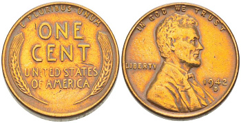 США 1 ЦЕНТ 1942 D, ЛИНКОЛЬН KM 132 бронза 3309-456
