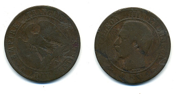 ФРАНЦИЯ 10 САНТИМОВ 1857 A, НАПОЛЕОН III (1852-1870) KM 777.1, LA FRANC 133.39 бронза 23-1032