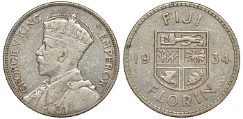 Фиджи 1 флорин 1934 Георг V (1910-1936), герб Фиджи KM 5 серебро    91-1142