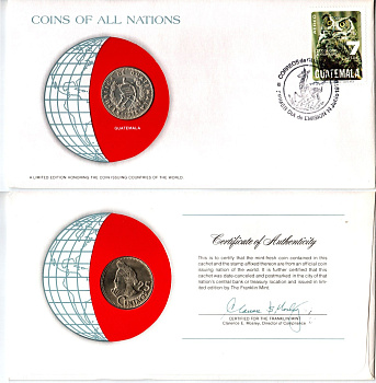 Гватемала 25 сентаво 1979 конверт с маркой первого дня гашения, Coins of Nations KM 278 медно-никель UNC 4295-9-2