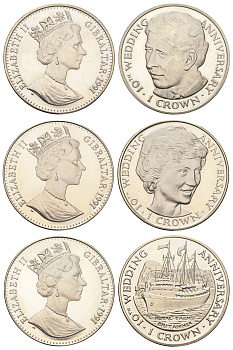 Гибралтар полный набор из 3 монет (1 крона) 1991 10 лет свадьбе Принца Чарльза и Леди Дианы KM 84, 85 и 86 медно-никель BU 1524-1541-1543