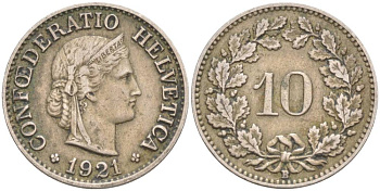ШВЕЙЦАРИЯ 10 РАППЕНОВ 1921 В KM 27 медно-никель 66-656