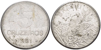 БРАЗИЛИЯ 5 КРУЗЕЙРО 1981 РЕФОРМА 1967-1985, КОФЕ KM 591 нержавеющая сталь 4385-533