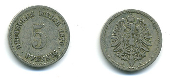 ГЕРМАНИЯ 5 ПФЕННИГОВ 1875 A, СТАРОГЕРБОВКА KM 3, J.3 медно-никель 54-356