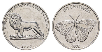 ДР Конго 50 сантимов 2002 Животные - Бабочка KM 80 алюминий UNC 4626-431