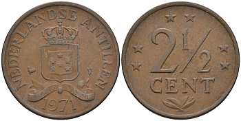 Нидерландские Антилы 2 1/2 цента 1971 Юлиана (1948-1980) KM 9 бронза 4595-414