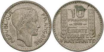 Франция 10 франков 1948 тип Пьер Турин KM 909.1, Le Franc 362.3 медно-никель 4120-1225