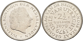 Нидерланды 2 1/2 гульдена 1979 400 лет Утрехтскому союзу, Юлиана (1949-1980) KM 197 никель 4144-623