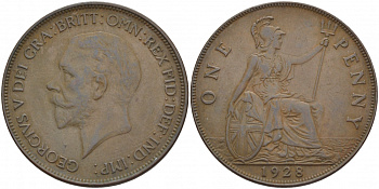 Великобритания 1 пенни 1928 Георг V (1910-1936) КМ 826, Spink 4054 бронза 3996-341