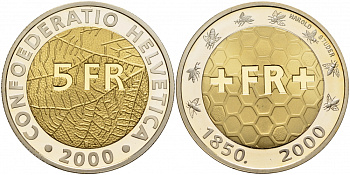 Швецария 5 франков 2000 150 лет Швейцарской национальной монетной системе KM 91 биметалл PROOF 1087-3-52