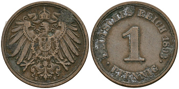 Германия 1 пфенниг 1893 E, Вильгельм II (1888-1918) KM 10, J. 10 медь 1524-533