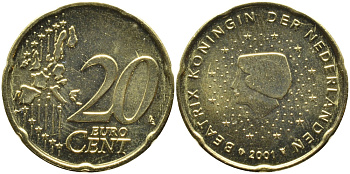 Нидерланды 20 евроцентов 2001 Беатрикс (1980-2013) KM 238 латунь UNC 4391-322