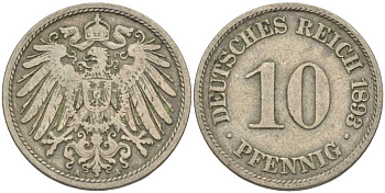 ГЕРМАНИЯ 10 ПФЕННИГОВ 1893 A KM 12, J. 13 медно-никель 4401-944