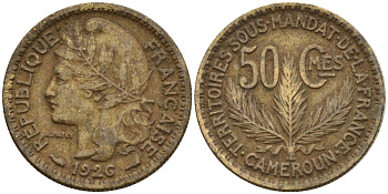 Камерун 50 сантимов 1926 (a), мондвор Париж KM 1 алюминиевая бронза 4169-1144