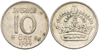 Швеция 10 эре 1954 Густав VI Адольф (1950-1973) KM 823 серебро 4147-913