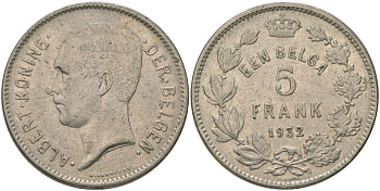 Бельгия 5 франков 1932 Belgen, Альберт I (1909-1934) KM 98 никель 4157-1135