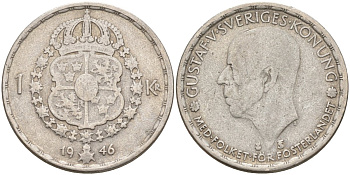 Швеция 1 крона 1946 TS, Густав V (1907-1950) KM 814 серебро 4148-1027