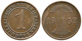 ГЕРМАНИЯ 1 РЕЙХСПФЕННИГ 1932 A KM 37, J. 313 бронза 4380-1228