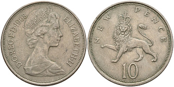 Великобритания 10 пенсов 1968 Елизавета II (1952-2022) KM 912, Spink 4231 (F1) медно-никель 4150-754