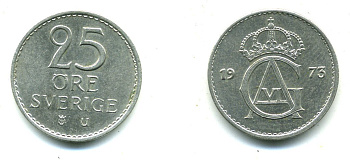 Швеция 25 эре 1973 U, Густав VI Адольф (1950-1973) KM 836 медно-никель 23-941