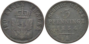 ПРУССИЯ 3 ПФЕННИГА 1854 А, ФРИДРИХ ВИЛЬГЕЛЬМ (1840-1861) KM 453 медь 117-217