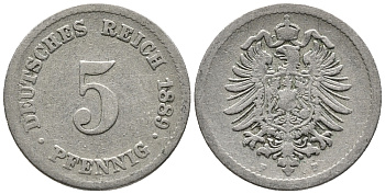 ГЕРМАНИЯ 5 ПФЕННИГОВ 1889 F, СТАРОГЕРБОВКА KM 3, J. 3 медно-никель 39-424