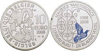Бельгия 10 евро 2008 100 лет "Синей птицы"  Мориса Метерлинка, эмаль KM 266 серебро PROOF 1076-4-24