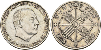 Испания 100 песет 1966 (66) Франсиско Франко (1939-1975) KM 797 серебро    4368-411