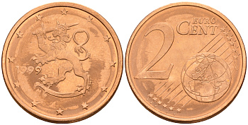 Финляндия 2 евроцента 1999  KM 99 сталь плакированная медью  UNC  4160-342