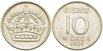 Швеция 10 эре 1954 TS, Густав VI Адольф (1950-1973) KM 823 серебро 116-1213