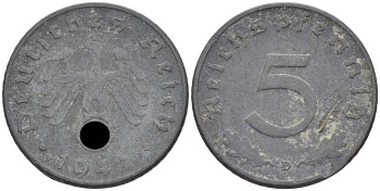 ГЕРМАНИЯ 5 РЕЙХСПФЕННИГОВ 1941 D KM 100, J. 370 цинк 105-254