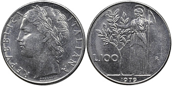 Италия 100 лир 1979 R, Афина в доспехах KM 96.1 нержавеющая сталь 4165-225