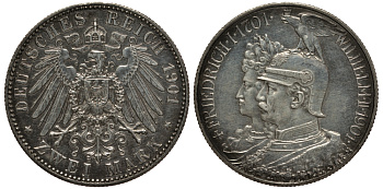 Пруссия 2 марки 1901 A, 200 лет Прусской королевской династии (Фридрих I - Вильгельм II) J.105, Weege 105, KM 525 серебро 3711-1134