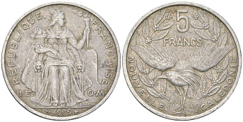 Французская Новая Каледония 5 франков 1999 птица кагу, (IEOM) KM 16, Schoen 12, Lec 81d алюминий 189-233