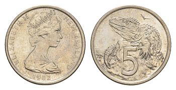 Новая Зеландия 5 центов 1982 Елизавета II (1952-2022), ящерица гаттерия KM 34 медно-никель 4651-216