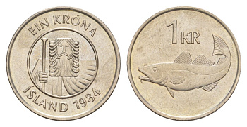 Исландия 1 крона 1984 треска KM 27 медно-никель UNC 4633-1254