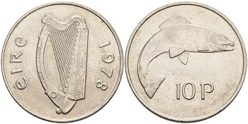 Ирландия 10 пенсов 1978 лосось KM 23 медно-никель 88-736