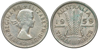 Австралия 3 пенса 1959 m, Елизавета II (1952-2022) KM 57 серебро 71-564