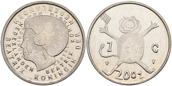 Нидерланды 1 гульден 2001 прощай гульден, детский рисунок, лев с флагом в руках KM 233 никель 92-923