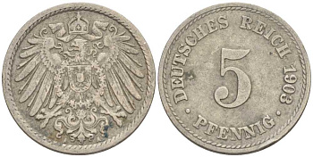 ГЕРМАНИЯ 5 ПФЕННИГОВ 1903 A KM 11, J. 12 медно-никель 100-1122