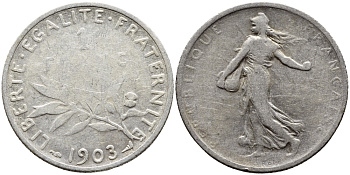 Франция 1 франк 1903 сеятель, редкий год KM 844.1, LE FRANC 217.8 серебро 633-232