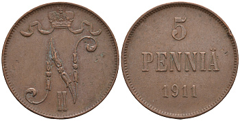 Россия для Финляндии 5 пенни 1911 Николай II (1894-1917) KM 15, Биткин 451 медь 85-317