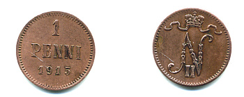 РОССИЯ ДЛЯ ФИНЛЯНДИИ 1 ПЕННИ 1915 НИКОЛАЙ II KM 13, Биткин 475 медь 4383-131