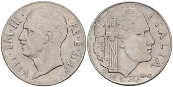 ИТАЛИЯ 20 ЧЕНТЕЗИМО 1942 R, ГОД XX, ВИКТОР ЭММАНУИЛ III (1900-1946), МАГНИТНАЯ, ГУРТ РИФЛЁНЫЙ KM 75b, VEM3. 1029 нержавеющая сталь 3853-434